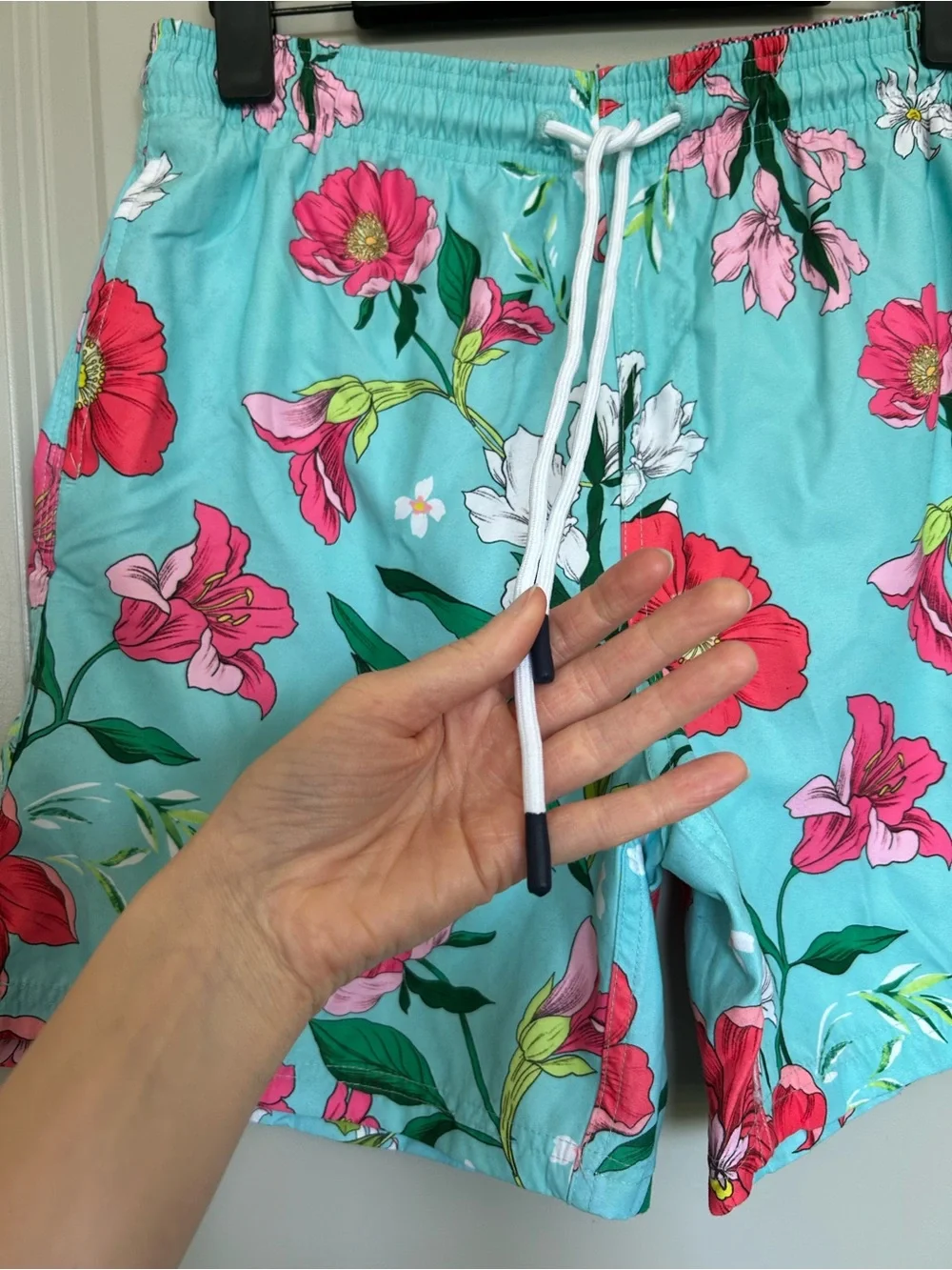 Men's Turquoise Floral Swim Trunks with Pink Flower Print